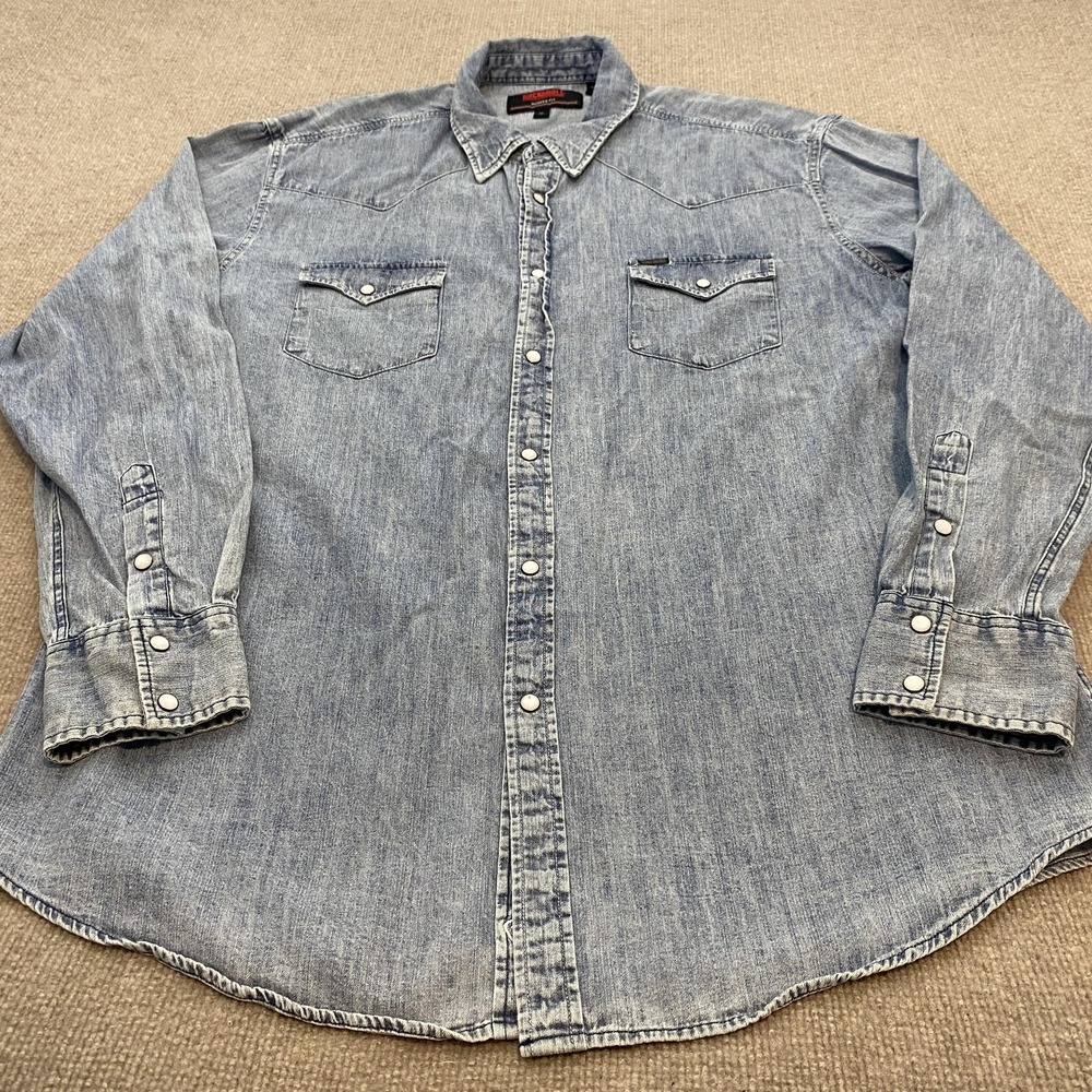 Rock & Roll Denim Shirt Mens XL Blue Chambray Denim Western Snap Long Sleeve